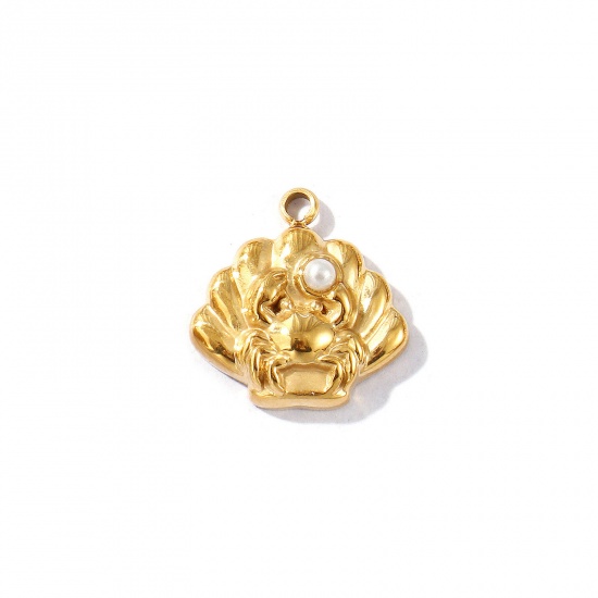 Picture of 1 Piece Eco-friendly PVD Vacuum Plating Waterproof Anti-Tarnish Hypoallergenic 304 Stainless Steel Ocean Jewelry Charms 18K Real Gold Plated Crab Animal Shell Acrylic Imitation Pearl 13.5mm x 13mm