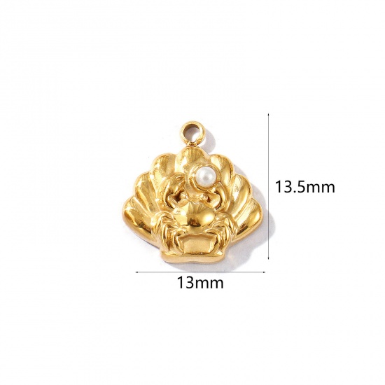 Picture of 1 Piece Eco-friendly PVD Vacuum Plating Waterproof Anti-Tarnish Hypoallergenic 304 Stainless Steel Ocean Jewelry Charms 18K Real Gold Plated Crab Animal Shell Acrylic Imitation Pearl 13.5mm x 13mm