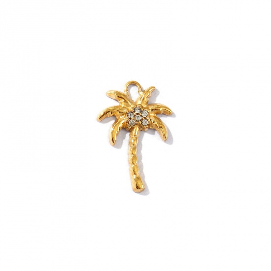 Picture of 1 Piece Eco-friendly PVD Vacuum Plating Waterproof Anti-Tarnish Hypoallergenic 304 Stainless Steel Ocean Jewelry Charms 18K Real Gold Plated Coconut Palm Tree Clear Rhinestone 19mm x 13mm