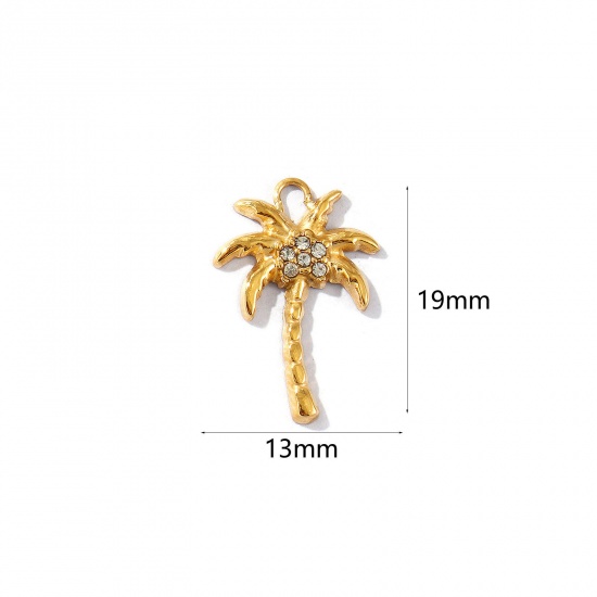 Picture of 1 Piece Eco-friendly PVD Vacuum Plating Waterproof Anti-Tarnish Hypoallergenic 304 Stainless Steel Ocean Jewelry Charms 18K Real Gold Plated Coconut Palm Tree Clear Rhinestone 19mm x 13mm