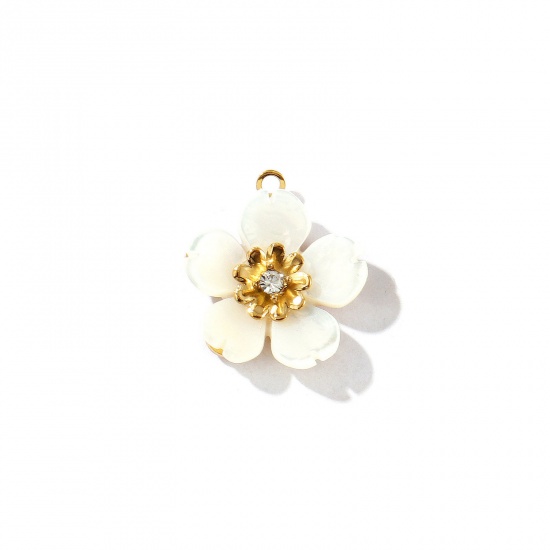 Picture of 1 Piece Eco-friendly PVD Vacuum Plating Waterproof Anti-Tarnish Hypoallergenic 304 Stainless Steel & Natural Shell Charms 18K Real Gold Plated Sakura Flower Clear Rhinestone 17mm x 15mm