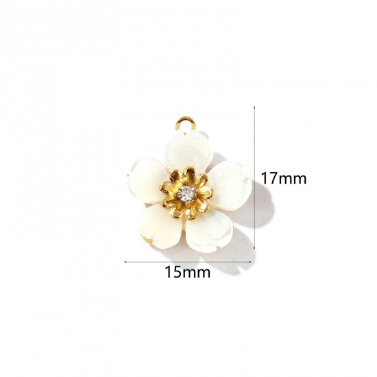 Picture of 1 Piece Eco-friendly PVD Vacuum Plating Waterproof Anti-Tarnish Hypoallergenic 304 Stainless Steel & Natural Shell Charms 18K Real Gold Plated Sakura Flower Clear Rhinestone 17mm x 15mm