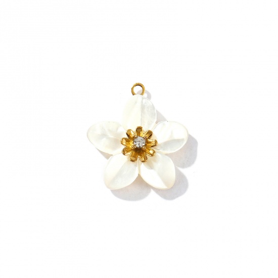 Picture of 1 Piece Eco-friendly PVD Vacuum Plating Waterproof Anti-Tarnish Hypoallergenic 304 Stainless Steel & Natural Shell Charms 18K Real Gold Plated Flower Clear Rhinestone 19mm x 17mm