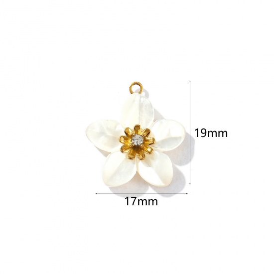 Picture of 1 Piece Eco-friendly PVD Vacuum Plating Waterproof Anti-Tarnish Hypoallergenic 304 Stainless Steel & Natural Shell Charms 18K Real Gold Plated Flower Clear Rhinestone 19mm x 17mm