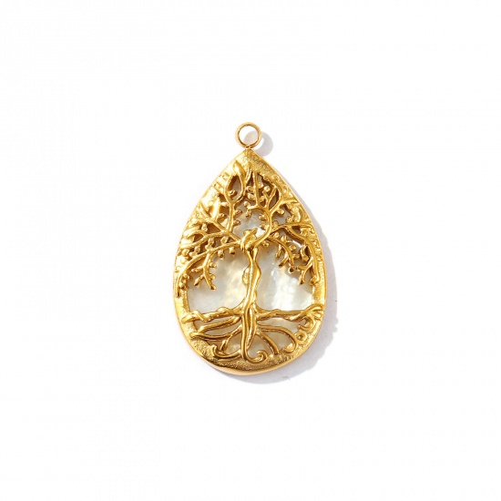 Picture of 1 Piece Eco-friendly PVD Vacuum Plating Waterproof Anti-Tarnish Hypoallergenic 304 Stainless Steel & Natural Shell Charms 18K Real Gold Plated Drop Tree of Life 28mm x 17mm