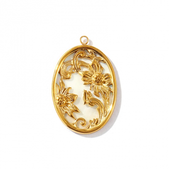 Picture of 1 Piece Eco-friendly PVD Vacuum Plating Waterproof Anti-Tarnish Hypoallergenic 304 Stainless Steel & Natural Shell Pendants 18K Real Gold Plated Oval Sunflower 3.1cm x 2.1cm