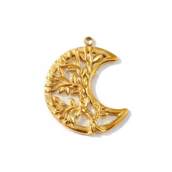 Picture of 1 Piece Eco-friendly PVD Vacuum Plating Waterproof Anti-Tarnish Hypoallergenic 304 Stainless Steel & Natural Shell Pendants 18K Real Gold Plated Half Moon Tree of Life 3cm x 2.5cm