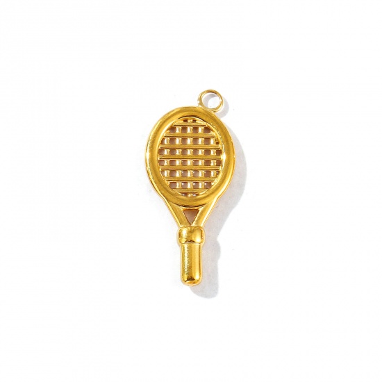 Picture of 1 Piece Eco-friendly PVD Vacuum Plating Waterproof Anti-Tarnish Hypoallergenic 304 Stainless Steel Sport Charms 18K Real Gold Plated Tennis Racket 24mm x 11mm