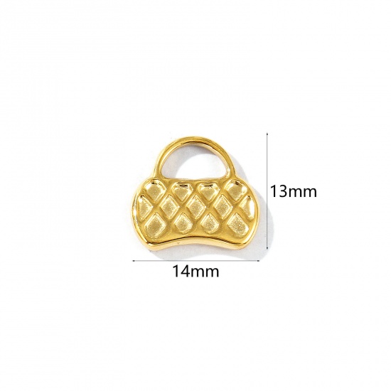 Picture of 1 Piece Eco-friendly PVD Vacuum Plating Waterproof Anti-Tarnish Hypoallergenic 304 Stainless Steel Clothes Charms 18K Real Gold Plated Handbag 14mm x 13mm