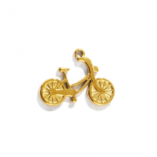 Picture of 1 Piece Eco-friendly PVD Vacuum Plating Waterproof Anti-Tarnish Hypoallergenic 304 Stainless Steel Transport Charms 18K Real Gold Plated Bicycle 25mm x 18.5mm