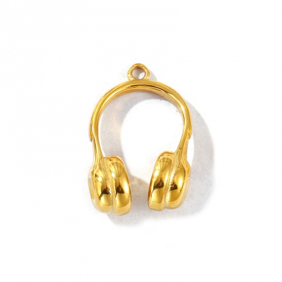 Picture of 1 Piece Eco-friendly PVD Vacuum Plating Waterproof Anti-Tarnish Hypoallergenic 304 Stainless Steel Music Charms 18K Real Gold Plated Headphone 29mm x 19mm