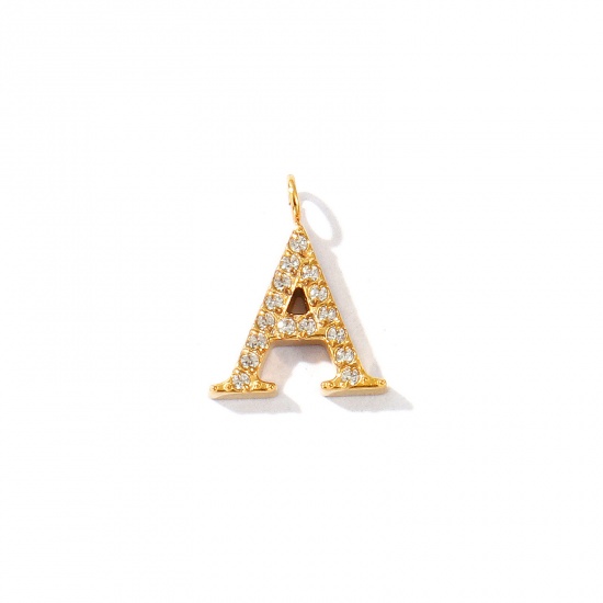 Picture of 2 PCs Eco-friendly PVD Vacuum Plating 316 Stainless Steel Capital Alphabet Initial Letter Name Charms 18K Gold Plated Message " A " Micro Pave Clear Rhinestone 13mm x 10mm