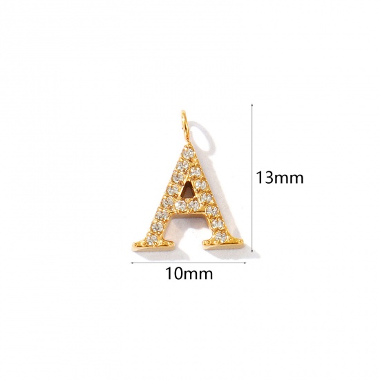 Picture of 2 PCs Eco-friendly PVD Vacuum Plating 316 Stainless Steel Capital Alphabet Initial Letter Name Charms 18K Gold Plated Message " A " Micro Pave Clear Rhinestone 13mm x 10mm