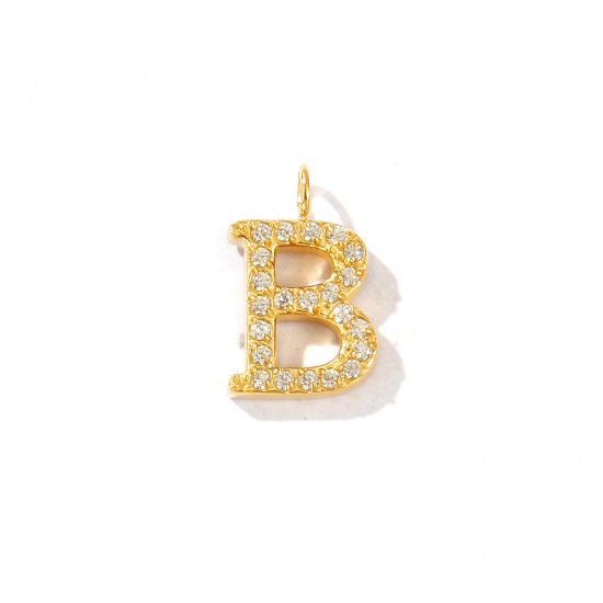 Picture of 2 PCs Eco-friendly PVD Vacuum Plating 316 Stainless Steel Capital Alphabet Initial Letter Name Charms 18K Gold Plated Message " B " Micro Pave Clear Rhinestone 12mm x 8mm