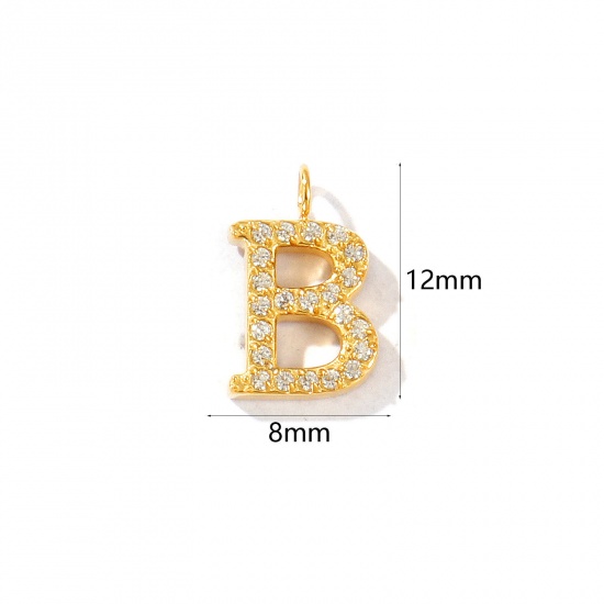 Picture of 2 PCs Eco-friendly PVD Vacuum Plating 316 Stainless Steel Capital Alphabet Initial Letter Name Charms 18K Gold Plated Message " B " Micro Pave Clear Rhinestone 12mm x 8mm