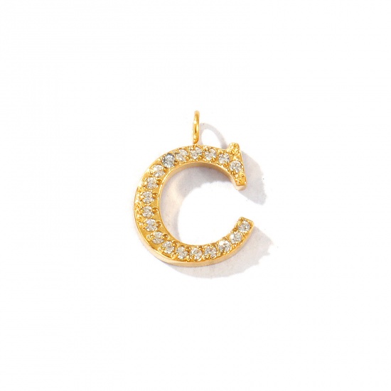 Picture of 2 PCs Eco-friendly PVD Vacuum Plating 316 Stainless Steel Capital Alphabet Initial Letter Name Charms 18K Gold Plated Message " C " Micro Pave Clear Rhinestone 13mm x 10mm