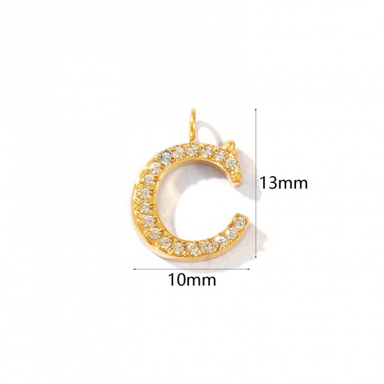 Picture of 2 PCs Eco-friendly PVD Vacuum Plating 316 Stainless Steel Capital Alphabet Initial Letter Name Charms 18K Gold Plated Message " C " Micro Pave Clear Rhinestone 13mm x 10mm