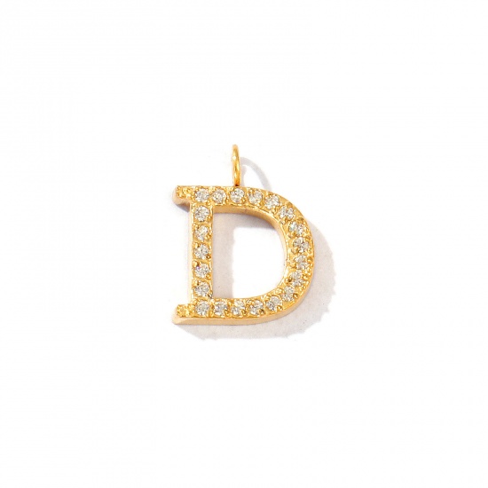 Picture of 2 PCs Eco-friendly PVD Vacuum Plating 316 Stainless Steel Capital Alphabet Initial Letter Name Charms 18K Gold Plated Message " D " Micro Pave Clear Rhinestone 12.5mm x 10mm