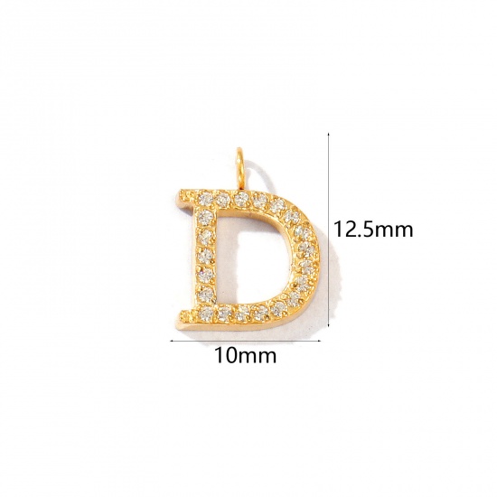 Picture of 2 PCs Eco-friendly PVD Vacuum Plating 316 Stainless Steel Capital Alphabet Initial Letter Name Charms 18K Gold Plated Message " D " Micro Pave Clear Rhinestone 12.5mm x 10mm