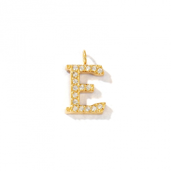 Picture of 2 PCs Eco-friendly PVD Vacuum Plating 316 Stainless Steel Capital Alphabet Initial Letter Name Charms 18K Gold Plated Message " E " Micro Pave Clear Rhinestone 13mm x 8mm