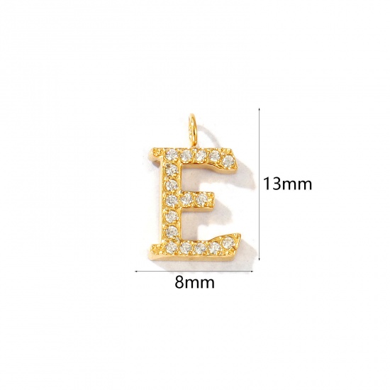 Picture of 2 PCs Eco-friendly PVD Vacuum Plating 316 Stainless Steel Capital Alphabet Initial Letter Name Charms 18K Gold Plated Message " E " Micro Pave Clear Rhinestone 13mm x 8mm