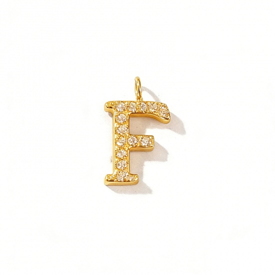 Picture of 2 PCs Eco-friendly PVD Vacuum Plating 316 Stainless Steel Capital Alphabet Initial Letter Name Charms 18K Gold Plated Message " F " Micro Pave Clear Rhinestone 13mm x 8mm