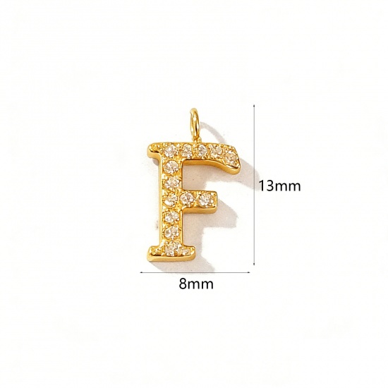 Picture of 2 PCs Eco-friendly PVD Vacuum Plating 316 Stainless Steel Capital Alphabet Initial Letter Name Charms 18K Gold Plated Message " F " Micro Pave Clear Rhinestone 13mm x 8mm