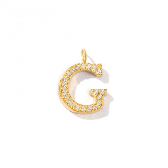 Picture of 2 PCs Eco-friendly PVD Vacuum Plating 316 Stainless Steel Capital Alphabet Initial Letter Name Charms 18K Gold Plated Message " G " Micro Pave Clear Rhinestone 14mm x 10mm