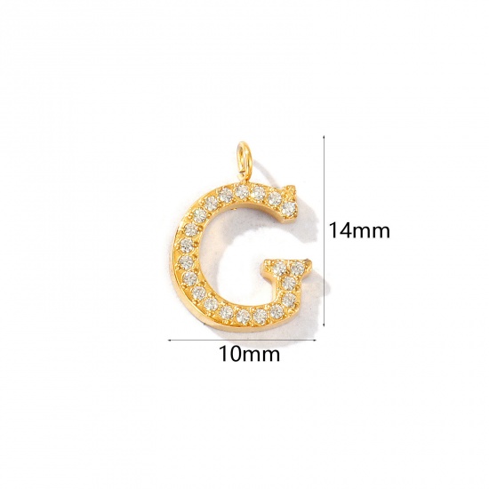 Picture of 2 PCs Eco-friendly PVD Vacuum Plating 316 Stainless Steel Capital Alphabet Initial Letter Name Charms 18K Gold Plated Message " G " Micro Pave Clear Rhinestone 14mm x 10mm