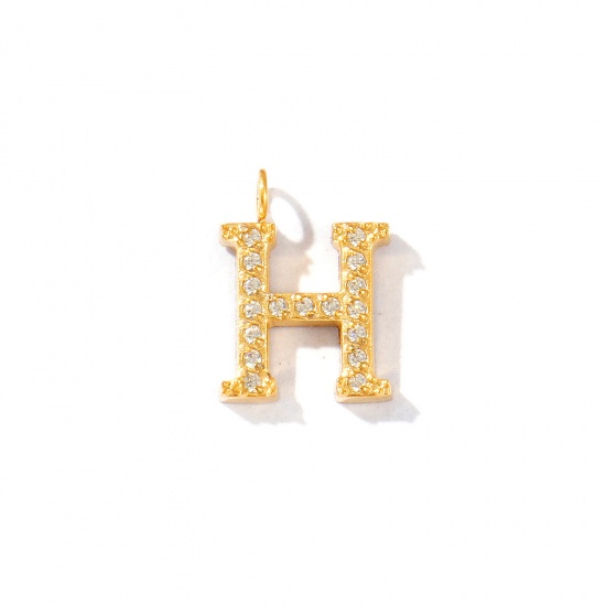 Picture of 2 PCs Eco-friendly PVD Vacuum Plating 316 Stainless Steel Capital Alphabet Initial Letter Name Charms 18K Gold Plated Message " H " Micro Pave Clear Rhinestone 13mm x 9mm