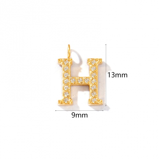 Picture of 2 PCs Eco-friendly PVD Vacuum Plating 316 Stainless Steel Capital Alphabet Initial Letter Name Charms 18K Gold Plated Message " H " Micro Pave Clear Rhinestone 13mm x 9mm