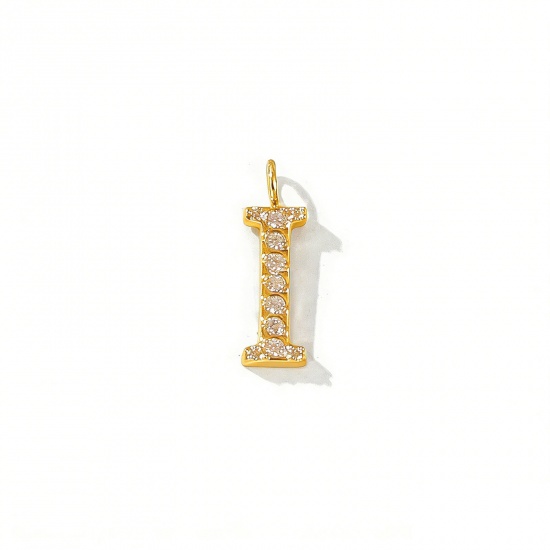 Picture of 2 PCs Eco-friendly PVD Vacuum Plating 316 Stainless Steel Capital Alphabet Initial Letter Name Charms 18K Gold Plated Message " I " Micro Pave Clear Rhinestone 13mm x 4mm