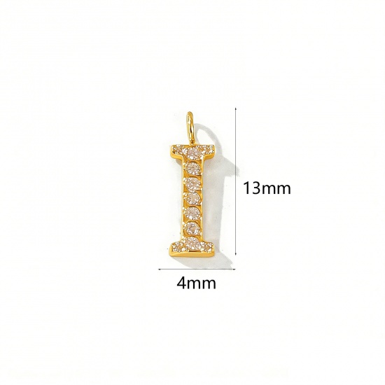Picture of 2 PCs Eco-friendly PVD Vacuum Plating 316 Stainless Steel Capital Alphabet Initial Letter Name Charms 18K Gold Plated Message " I " Micro Pave Clear Rhinestone 13mm x 4mm