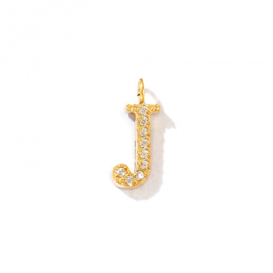 Picture of 2 PCs Eco-friendly PVD Vacuum Plating 316 Stainless Steel Capital Alphabet Initial Letter Name Charms 18K Gold Plated Message " J " Micro Pave Clear Rhinestone 13mm x 6mm
