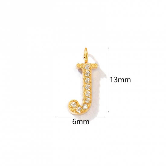 Picture of 2 PCs Eco-friendly PVD Vacuum Plating 316 Stainless Steel Capital Alphabet Initial Letter Name Charms 18K Gold Plated Message " J " Micro Pave Clear Rhinestone 13mm x 6mm