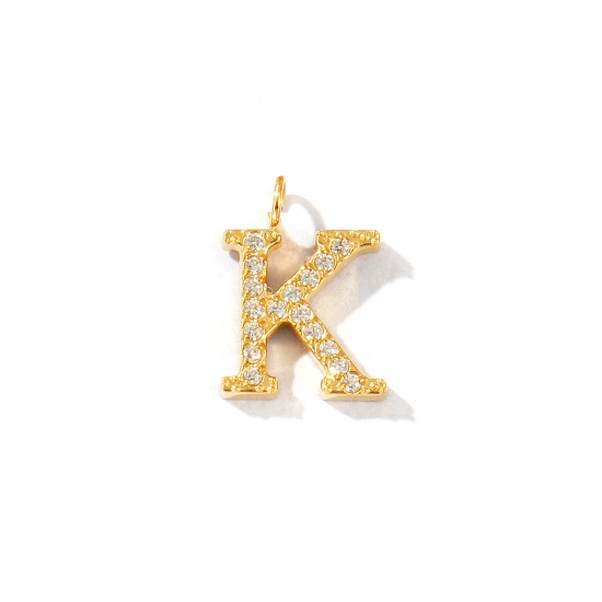 Picture of 2 PCs Eco-friendly PVD Vacuum Plating 316 Stainless Steel Capital Alphabet Initial Letter Name Charms 18K Gold Plated Message " K " Micro Pave Clear Rhinestone 12.5mm x 9mm