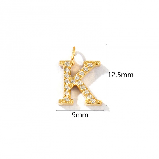 Picture of 2 PCs Eco-friendly PVD Vacuum Plating 316 Stainless Steel Capital Alphabet Initial Letter Name Charms 18K Gold Plated Message " K " Micro Pave Clear Rhinestone 12.5mm x 9mm
