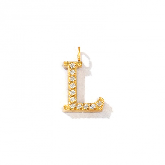 Picture of 2 PCs Eco-friendly PVD Vacuum Plating 316 Stainless Steel Capital Alphabet Initial Letter Name Charms 18K Gold Plated Message " L " Micro Pave Clear Rhinestone 13mm x 8mm