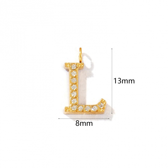 Picture of 2 PCs Eco-friendly PVD Vacuum Plating 316 Stainless Steel Capital Alphabet Initial Letter Name Charms 18K Gold Plated Message " L " Micro Pave Clear Rhinestone 13mm x 8mm