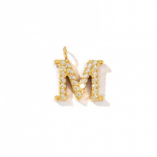 Picture of 2 PCs Eco-friendly PVD Vacuum Plating 316 Stainless Steel Capital Alphabet Initial Letter Name Charms 18K Gold Plated Message " M " Micro Pave Clear Rhinestone 12mm x 11mm