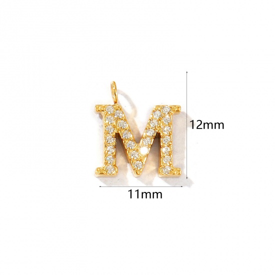 Picture of 2 PCs Eco-friendly PVD Vacuum Plating 316 Stainless Steel Capital Alphabet Initial Letter Name Charms 18K Gold Plated Message " M " Micro Pave Clear Rhinestone 12mm x 11mm