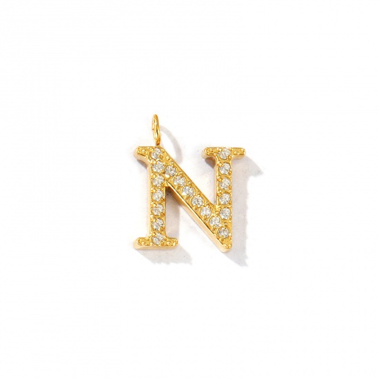 Picture of 2 PCs Eco-friendly PVD Vacuum Plating 316 Stainless Steel Capital Alphabet Initial Letter Name Charms 18K Gold Plated Message " N " Micro Pave Clear Rhinestone 12.5mm x 10mm