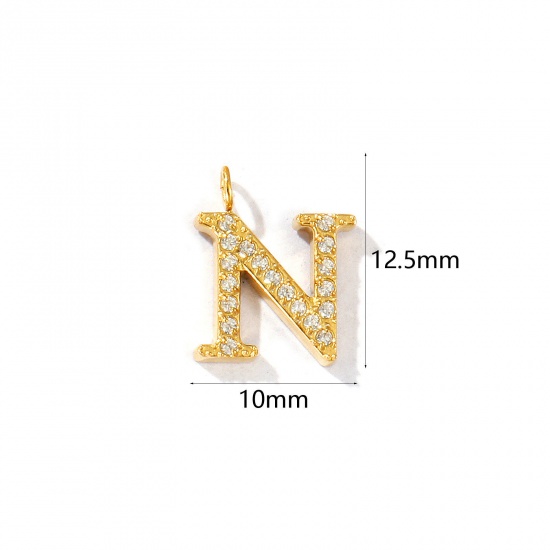Picture of 2 PCs Eco-friendly PVD Vacuum Plating 316 Stainless Steel Capital Alphabet Initial Letter Name Charms 18K Gold Plated Message " N " Micro Pave Clear Rhinestone 12.5mm x 10mm