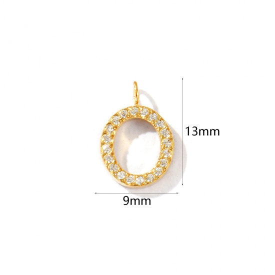 Picture of 2 PCs Eco-friendly PVD Vacuum Plating 316 Stainless Steel Capital Alphabet Initial Letter Name Charms 18K Gold Plated Message " O " Micro Pave Clear Rhinestone 13mm x 9mm