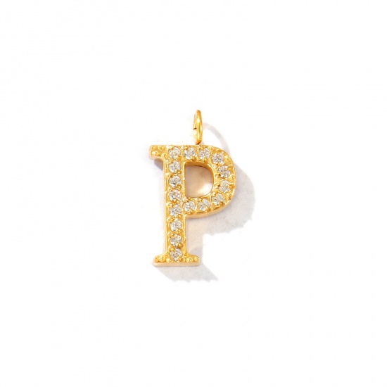 Picture of 2 PCs Eco-friendly PVD Vacuum Plating 316 Stainless Steel Capital Alphabet Initial Letter Name Charms 18K Gold Plated Message " P " Micro Pave Clear Rhinestone 13mm x 7mm