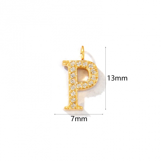 Picture of 2 PCs Eco-friendly PVD Vacuum Plating 316 Stainless Steel Capital Alphabet Initial Letter Name Charms 18K Gold Plated Message " P " Micro Pave Clear Rhinestone 13mm x 7mm