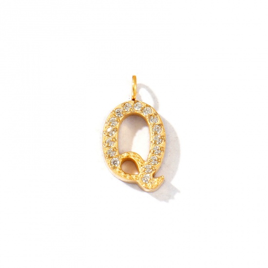 Picture of 2 PCs Eco-friendly PVD Vacuum Plating 316 Stainless Steel Capital Alphabet Initial Letter Name Charms 18K Gold Plated Message " Q " Micro Pave Clear Rhinestone 14mm x 8mm
