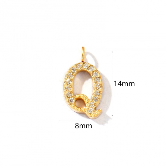 Picture of 2 PCs Eco-friendly PVD Vacuum Plating 316 Stainless Steel Capital Alphabet Initial Letter Name Charms 18K Gold Plated Message " Q " Micro Pave Clear Rhinestone 14mm x 8mm
