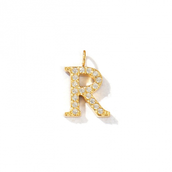 Picture of 2 PCs Eco-friendly PVD Vacuum Plating 316 Stainless Steel Capital Alphabet Initial Letter Name Charms 18K Gold Plated Message " R " Micro Pave Clear Rhinestone 12.5mm x 9mm