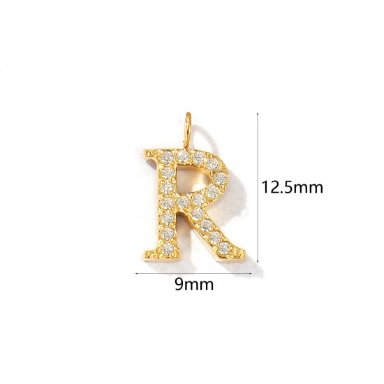 Picture of 2 PCs Eco-friendly PVD Vacuum Plating 316 Stainless Steel Capital Alphabet Initial Letter Name Charms 18K Gold Plated Message " R " Micro Pave Clear Rhinestone 12.5mm x 9mm